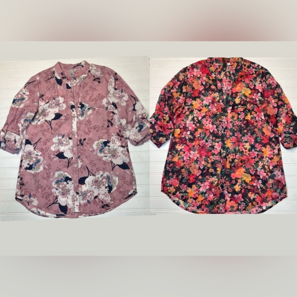 KUT From The Kloth Bundle Multi Floral Button Down Roll Sleeve Top Medium M
